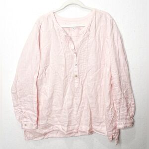 J. Jill Love Linen Light Pink Long Sleeve Half Button Tunic Top Pleated Detail.